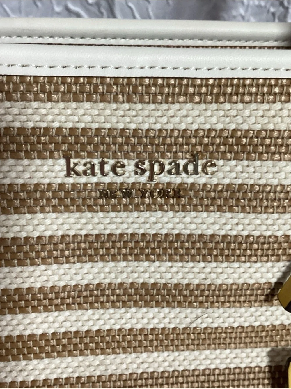 Kate Spade Market Stripe Medium Parchment Color Woven Canvas Tote Bag w/ Charm